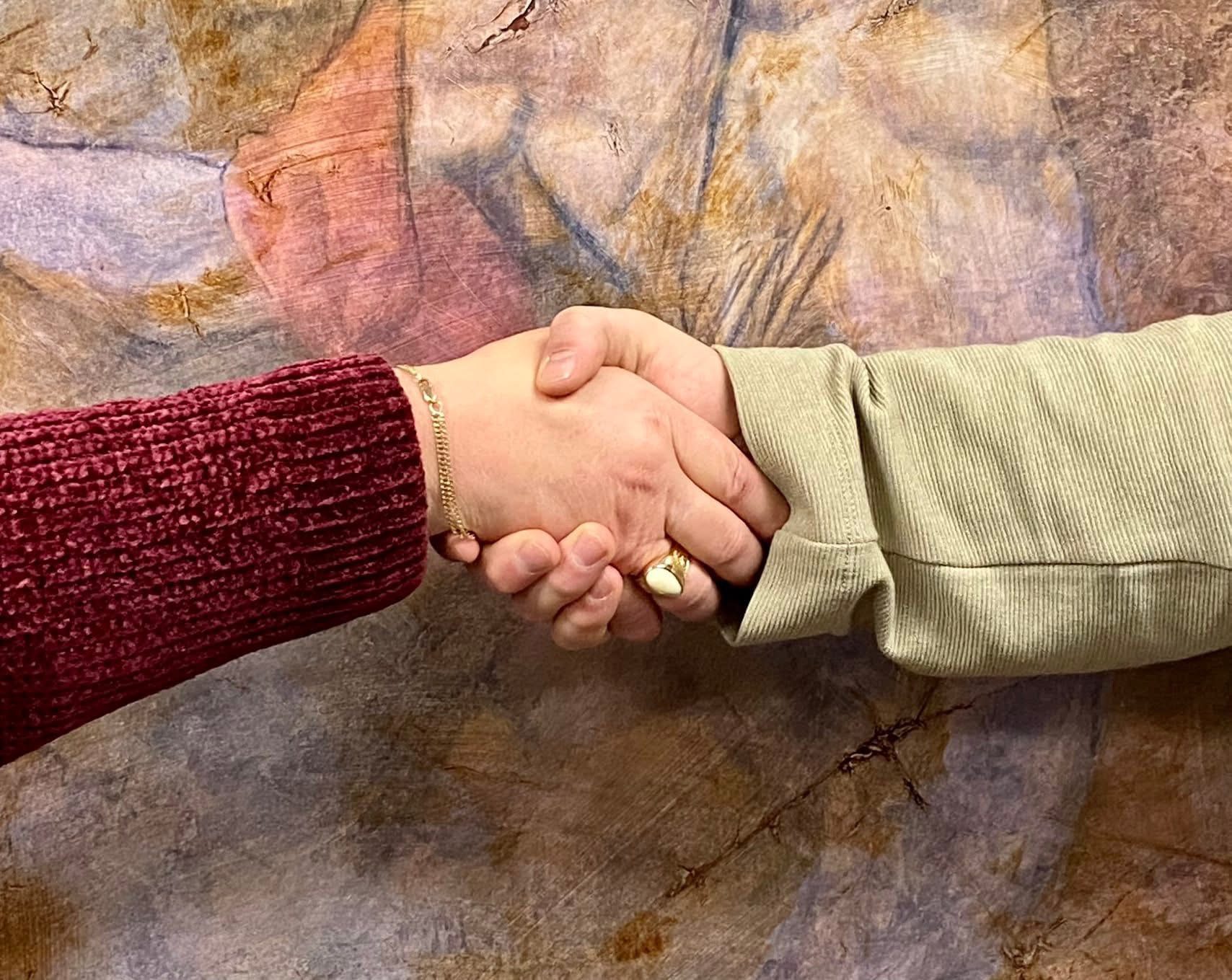 Two people shaking hands in agreement.